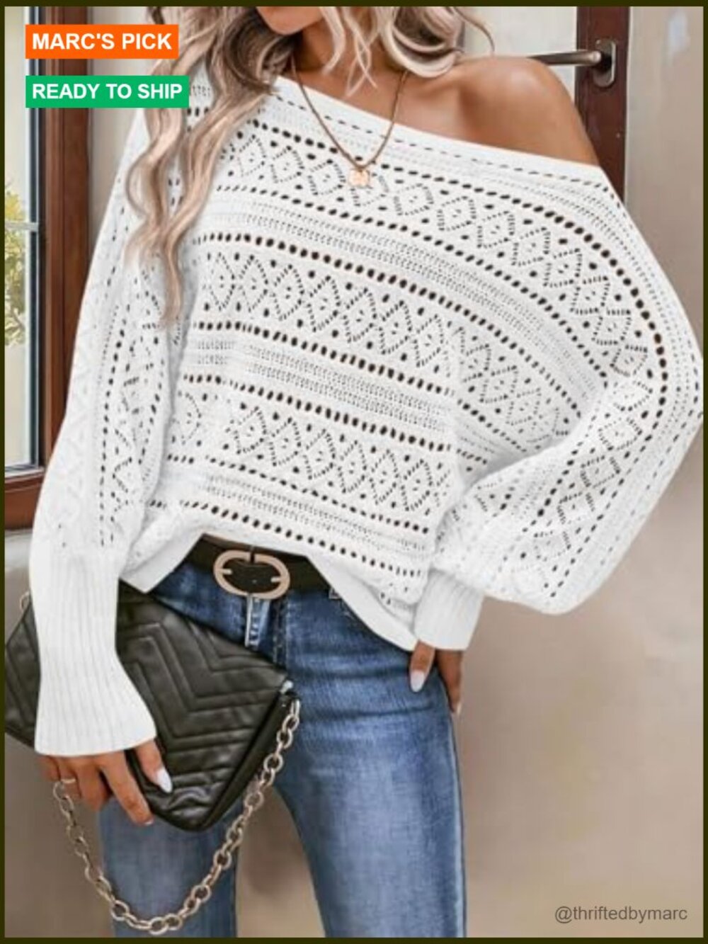 Off Shoulder Oversized Knit Batwing Long Sleeve Crochet Pullover Sweater - Picture 2 of 6
